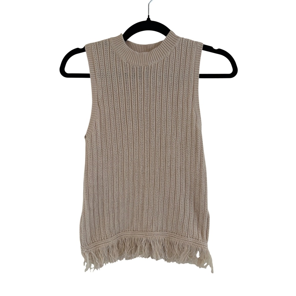 J.Crew Womens Cream Ribbed Cotton Mock Neck Fringe Hem Sleeveless Sweater XXS